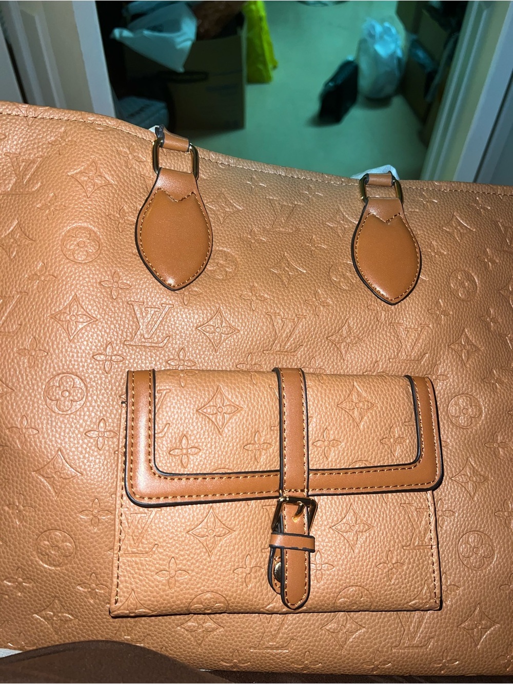 Tan Monogram-Embossed Leather Tote with Front Pocket